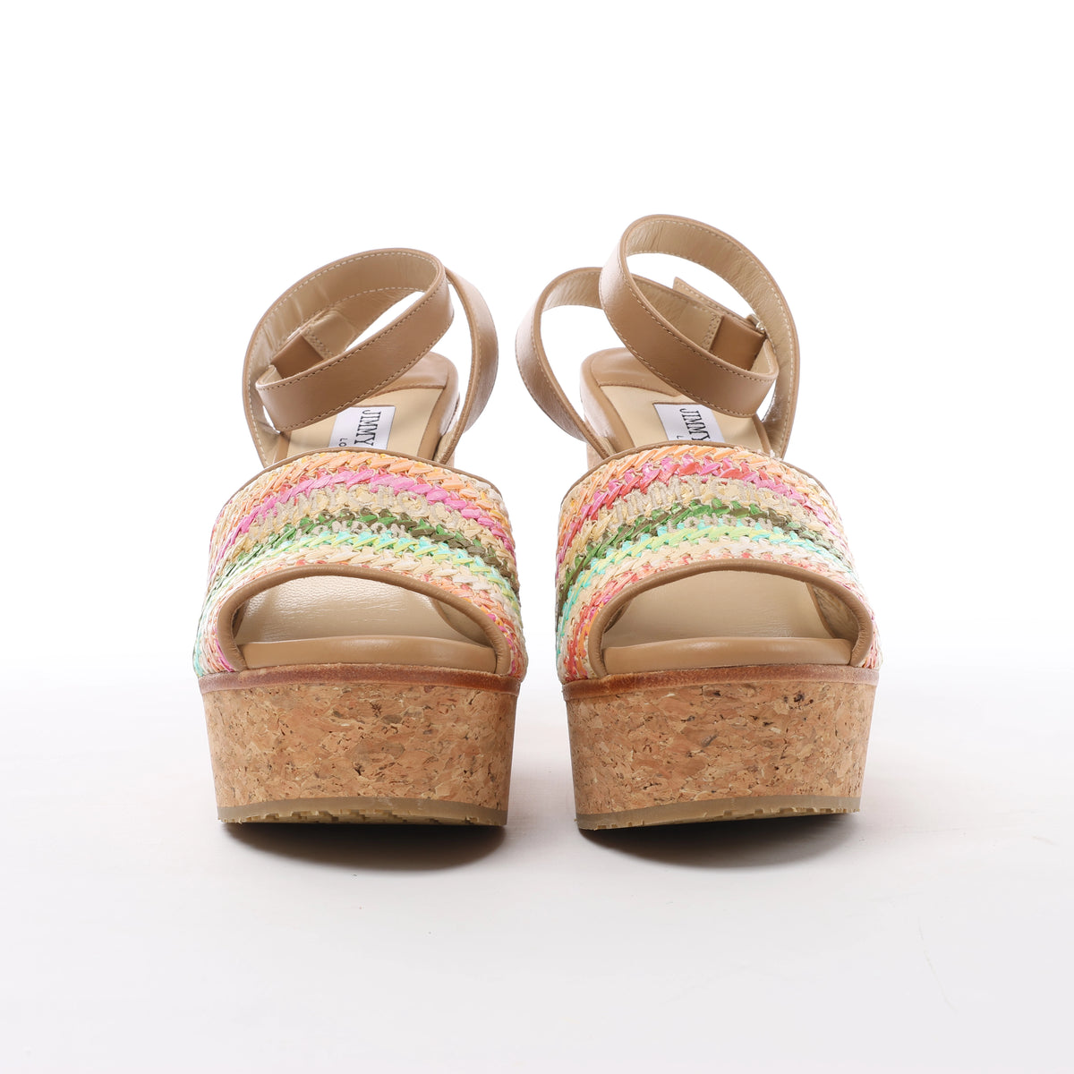 Jimmy Choo Deven Leather x Fabric Sandals in Beige, Size EU 37