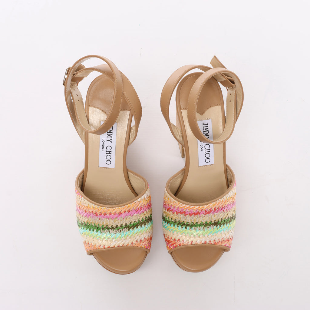 Jimmy Choo Deven Leather x Fabric Sandals in Beige, Size EU 37