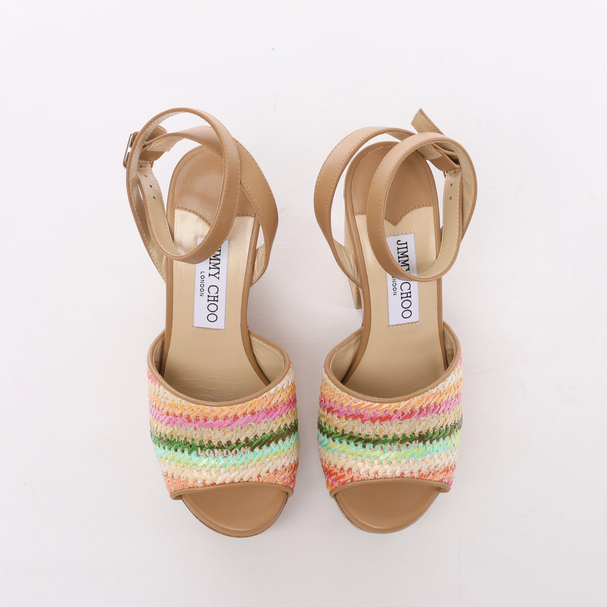 Jimmy Choo Deven Leather x Fabric Sandals in Beige, Size EU 37