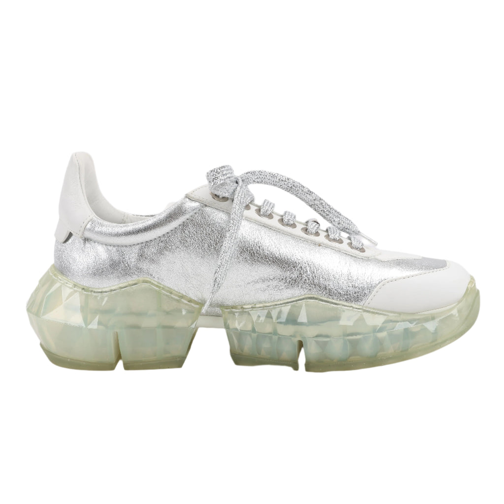 Jimmy Choo Diamond Leather Sneakers in White x Silver, Size 38 EU