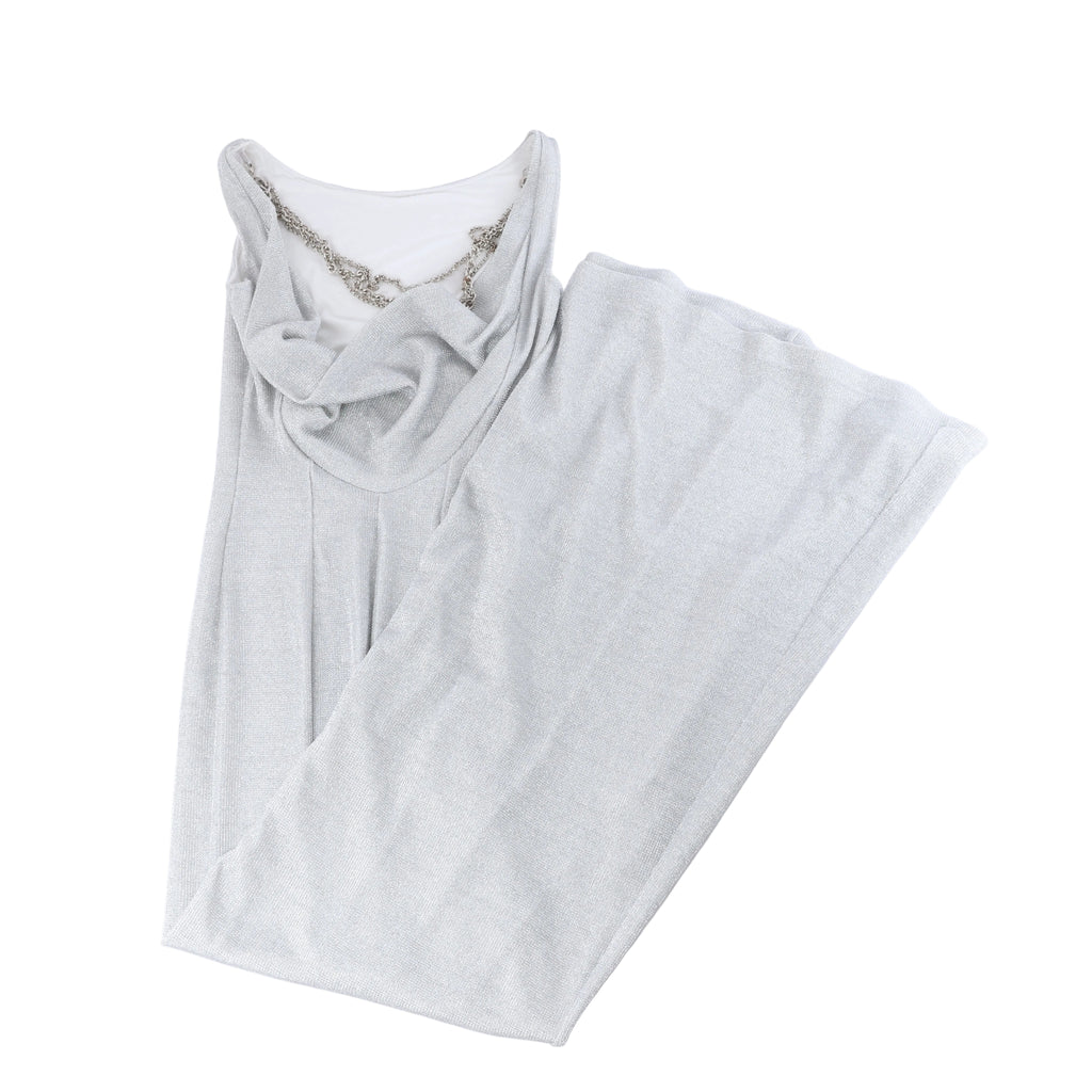 Metallic silver Just Cavalli sleeveless maxi dress with shimmering jersey fabric, draped cowl neckline and silver-tone chain embellishment.