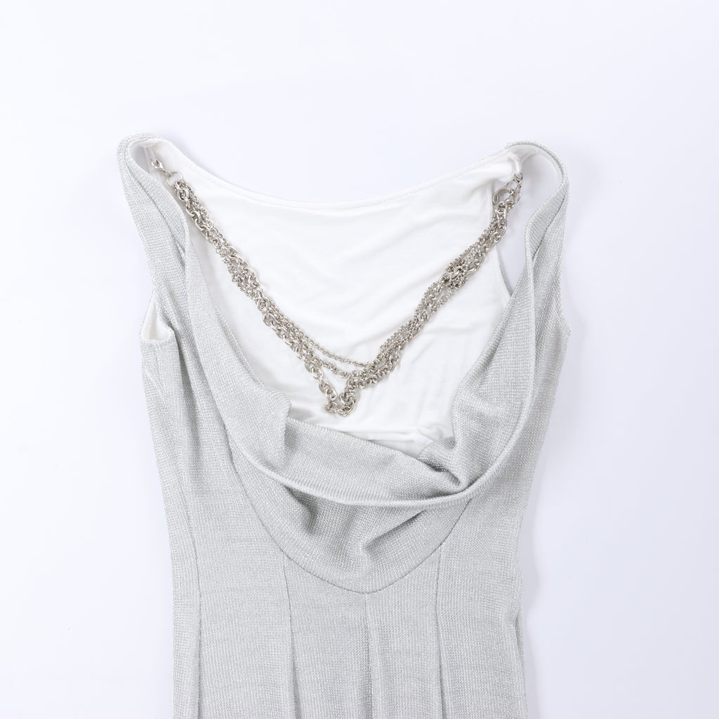 Just Cavalli Lamé Jersey Metal Embellished Cowl Neck Maxi Dress in Metallic Silver, Size 40 IT