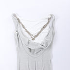 Just Cavalli Lamé Jersey Metal Embellished Cowl Neck Maxi Dress in Metallic Silver, Size 40 IT