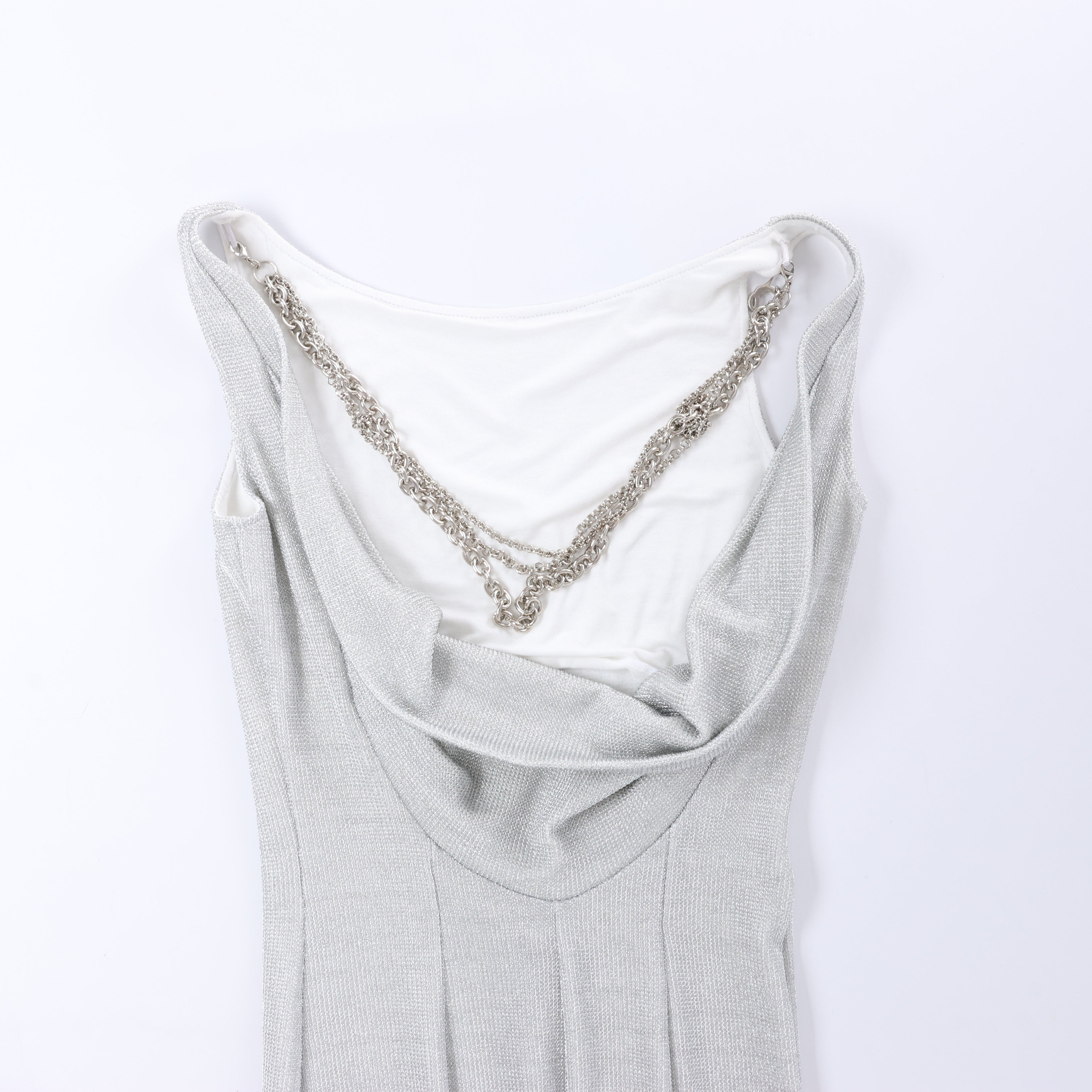 Just Cavalli Lamé Jersey Metal Embellished Cowl Neck Maxi Dress in Metallic Silver, Size 40 IT