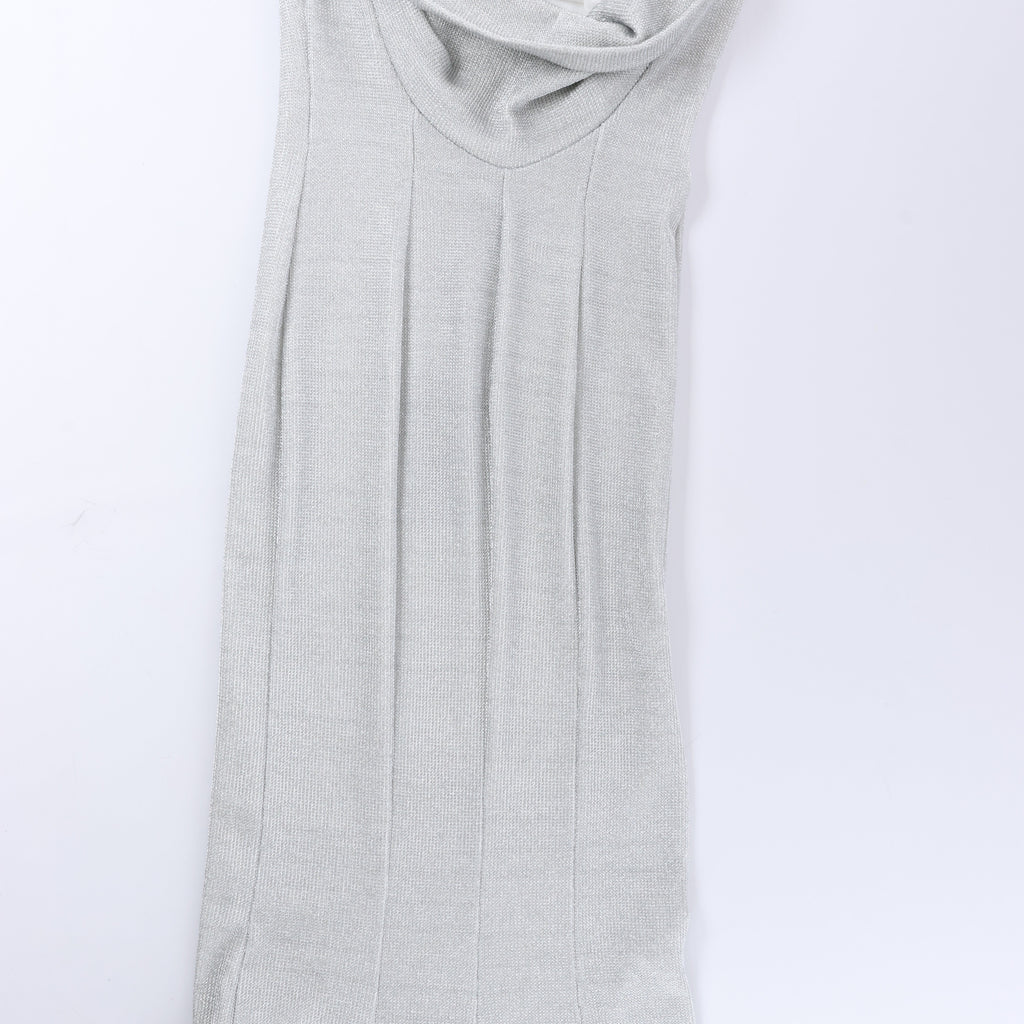 Just Cavalli Lamé Jersey Metal Embellished Cowl Neck Maxi Dress in Metallic Silver, Size 40 IT