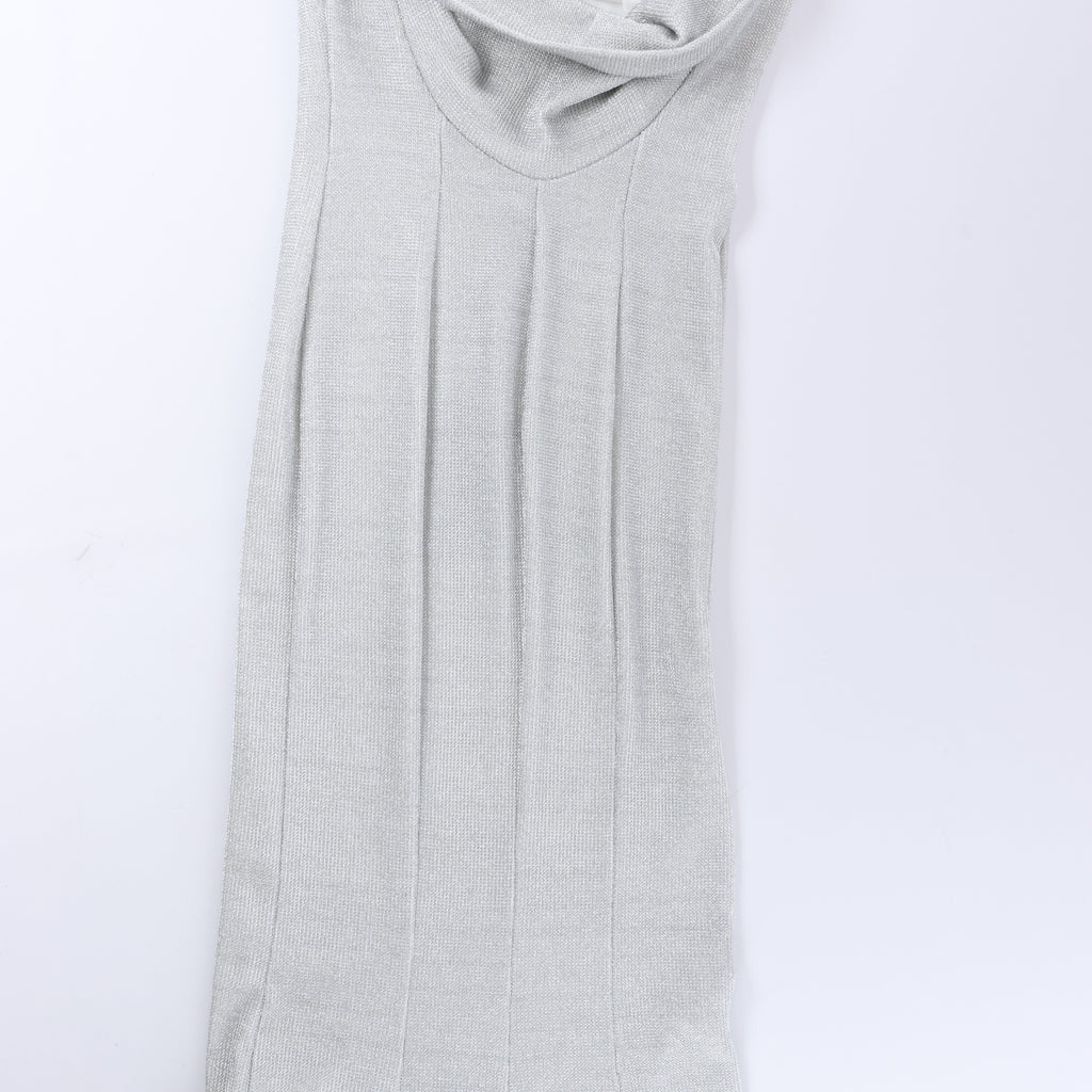 Just Cavalli Lamé Jersey Metal Embellished Cowl Neck Maxi Dress in Metallic Silver, Size 40 IT