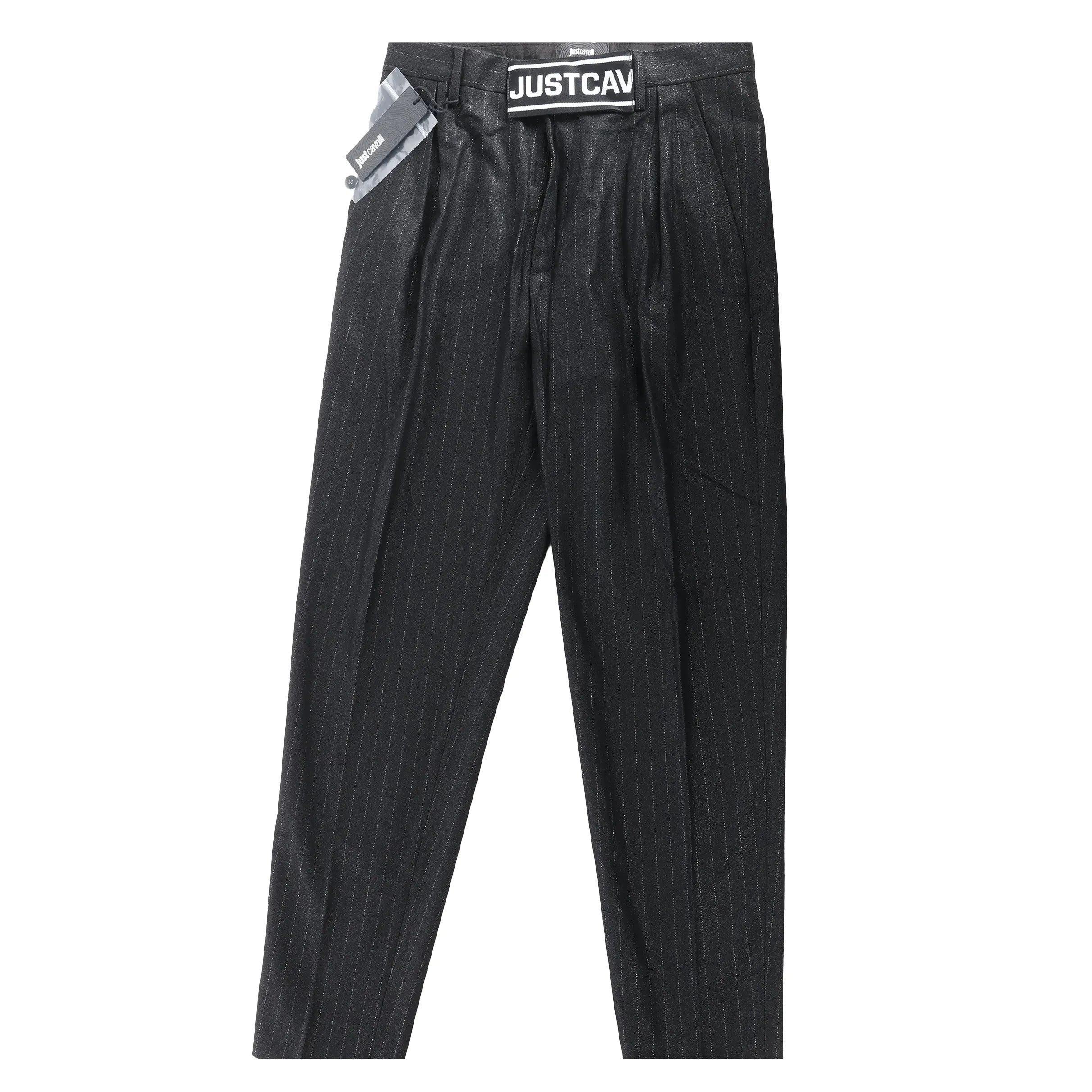 Just Cavalli black pinstripe trousers with branded “JUST CAVALLI” waistband detail, laid flat on white background.