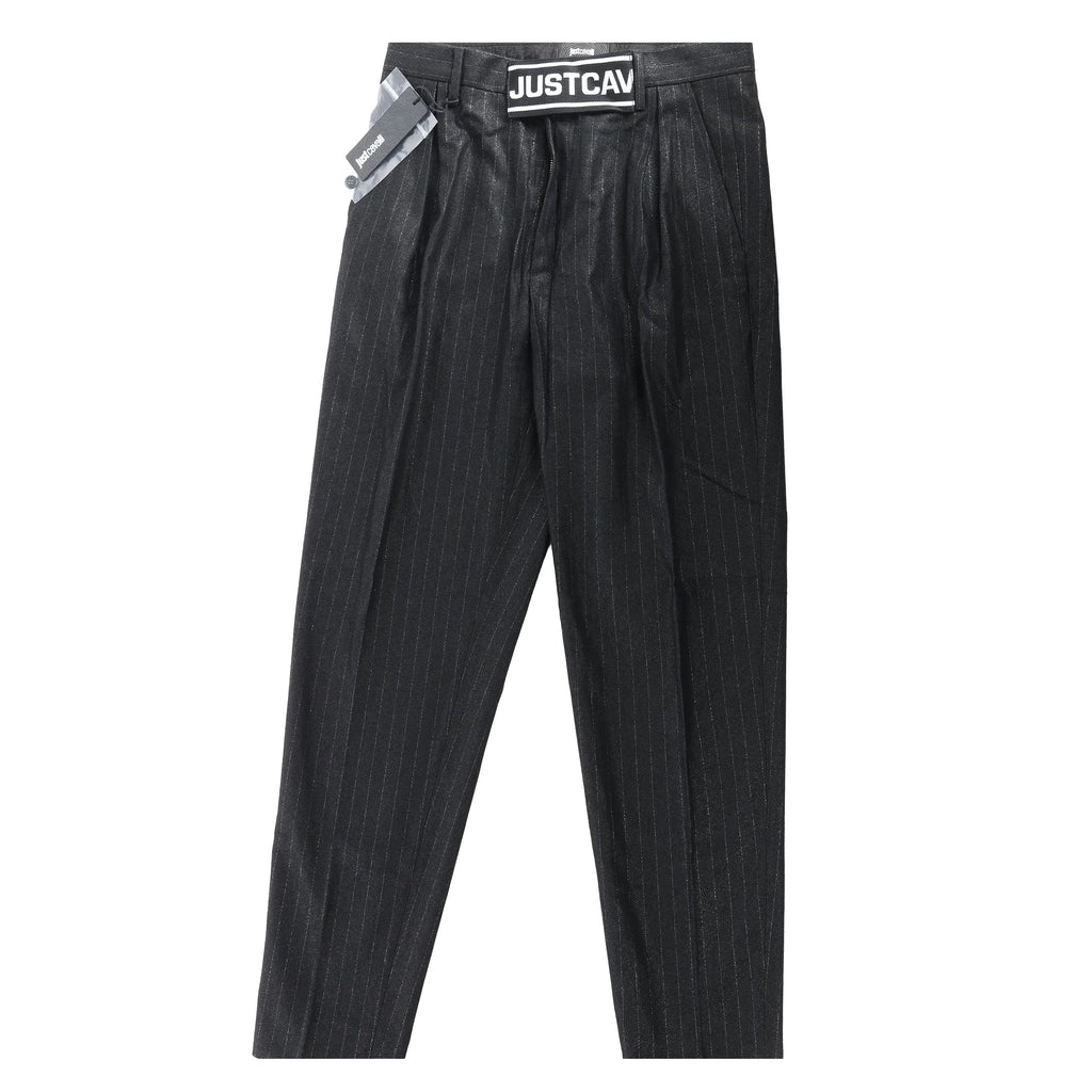 Just Cavalli black pinstripe trousers with branded “JUST CAVALLI” waistband detail, laid flat on white background.