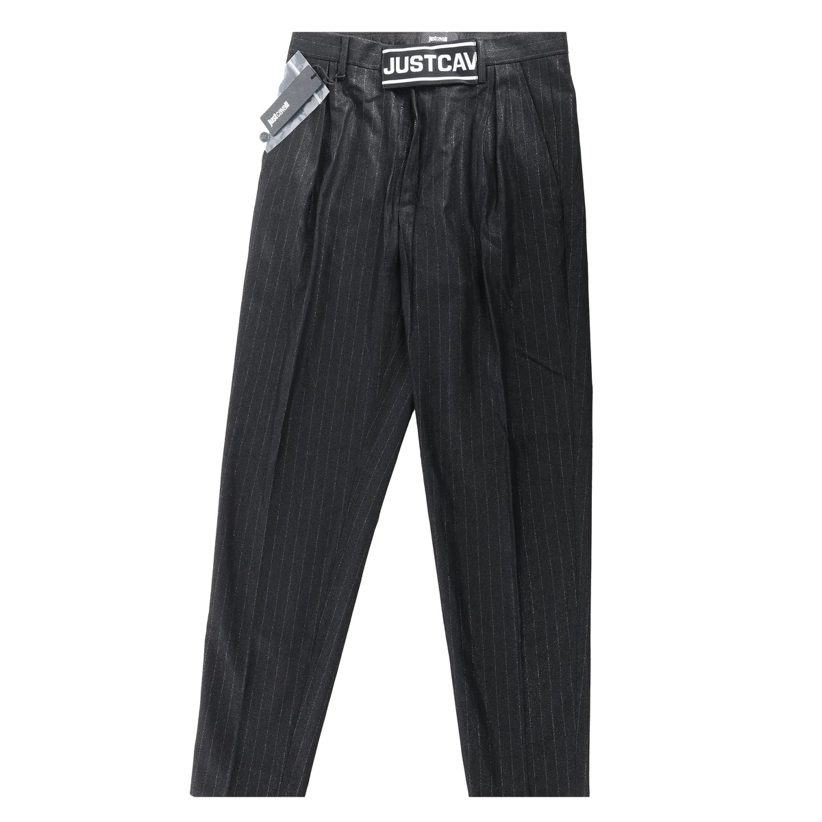 Just Cavalli black pinstripe trousers with branded “JUST CAVALLI” waistband detail, laid flat on white background.