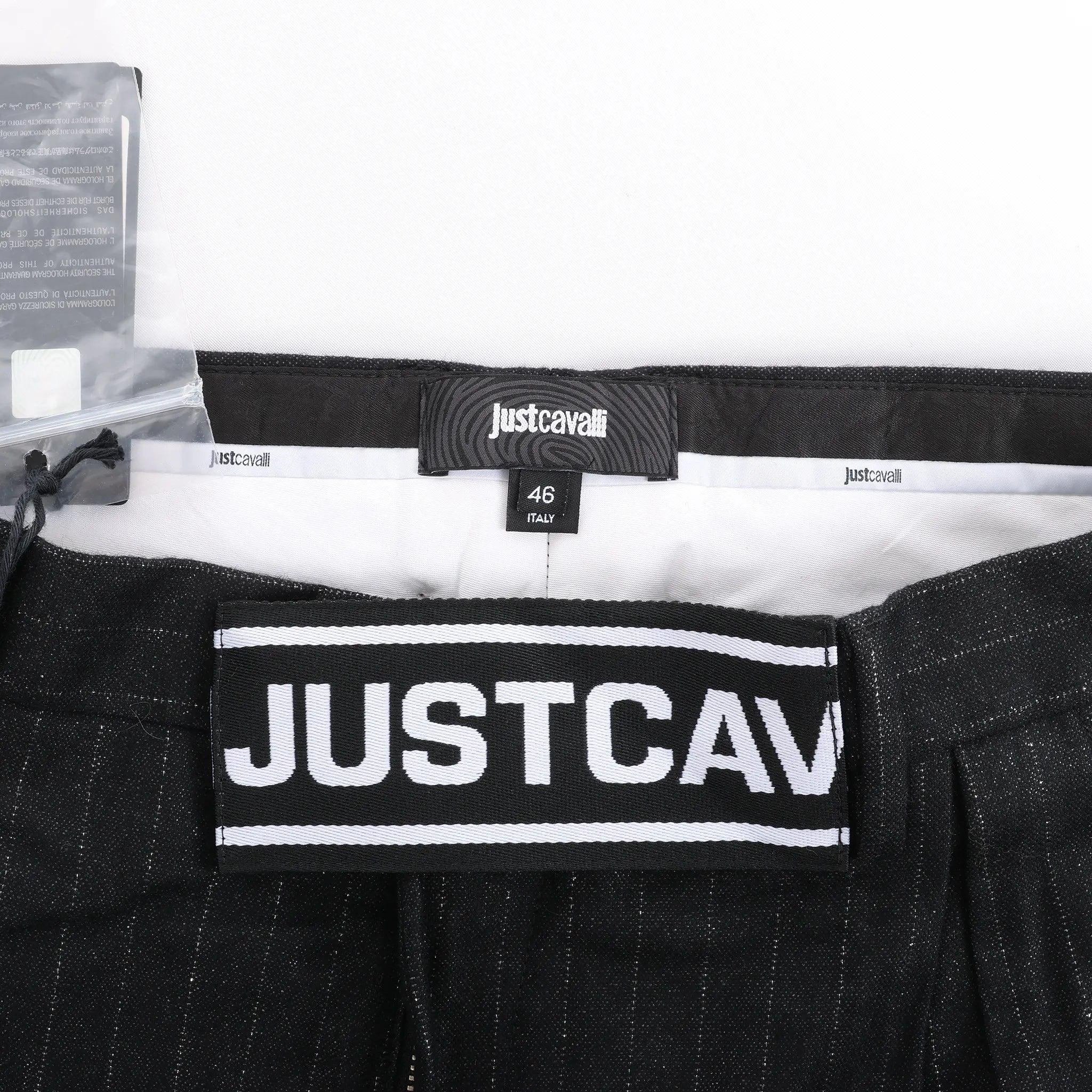 Just Cavalli Stripped Wool Trousers in Black, Size 46 IT