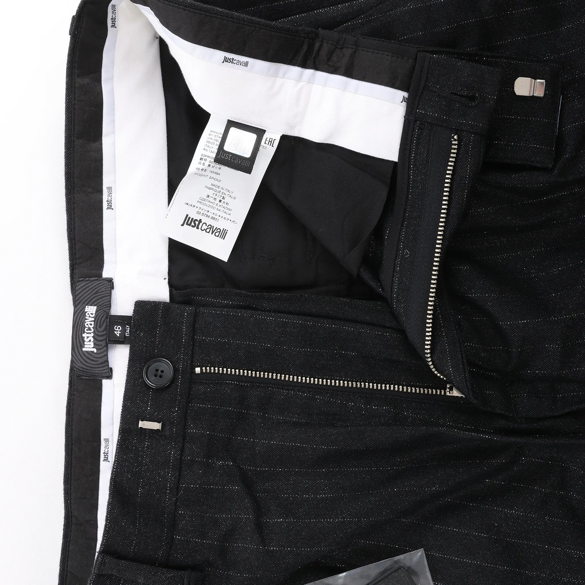 Just Cavalli Stripped Wool Trousers in Black, Size 46 IT