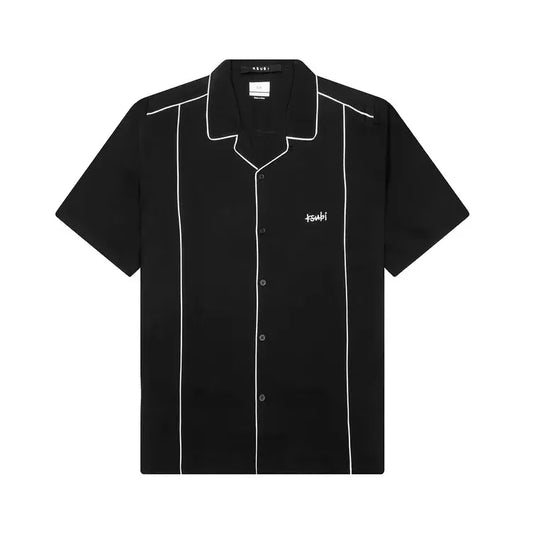 KSUBI Downtown Resort Shirt in black with white vertical piping, short sleeves, a button-up front, and embroidered Ksubi logo on the chest, displayed flat against a white background.
