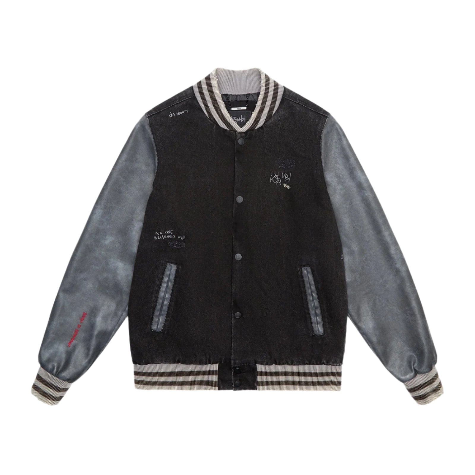 Black and gray varsity jacket with embroidered details on a white background