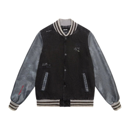 Black and gray varsity jacket with embroidered details on a white background