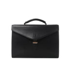Black Loewe leather business handbag with structured rectangular shape, top handle, envelope-style flap, embossed Anagram logo and metal clasp.