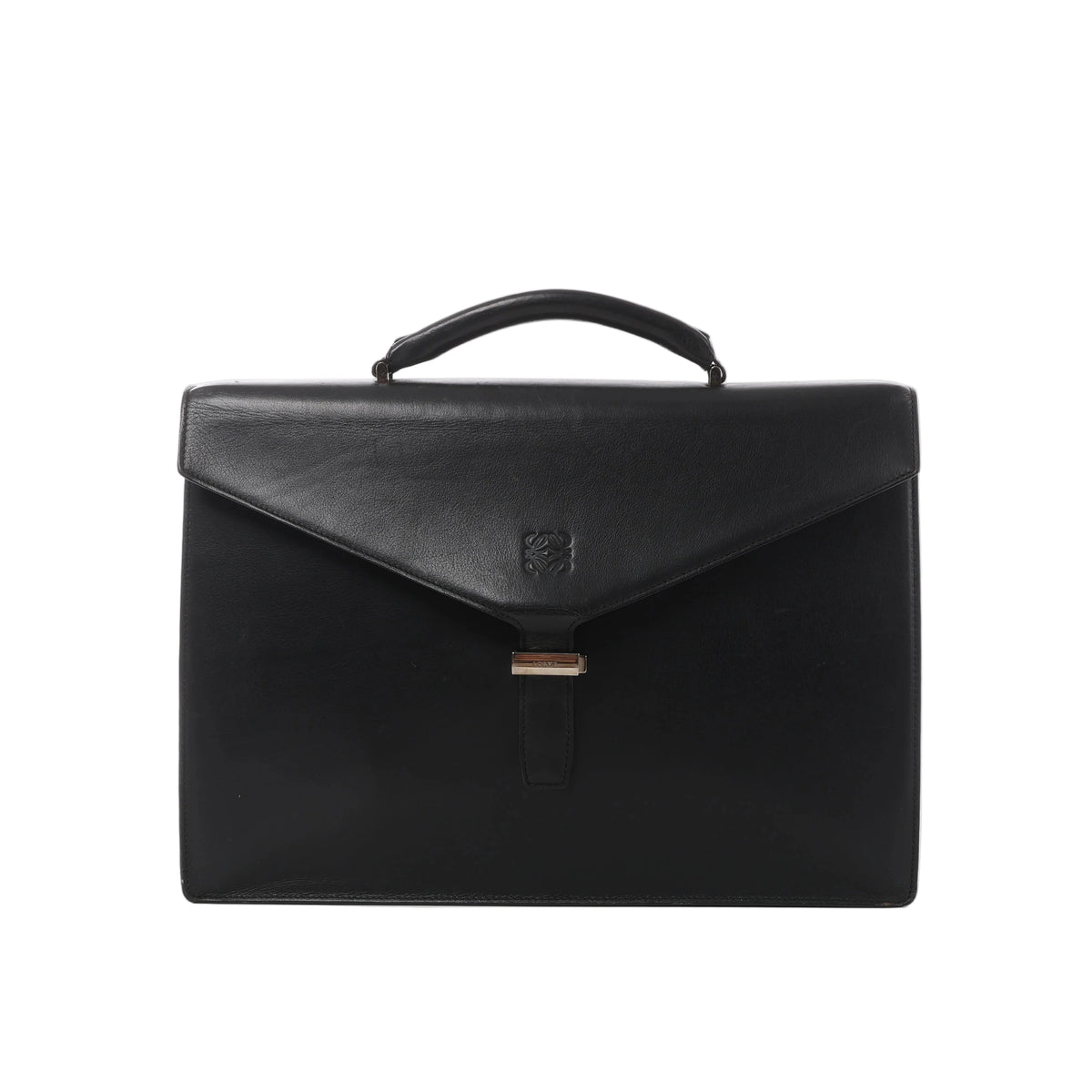 Black Loewe leather business handbag with structured rectangular shape, top handle, envelope-style flap, embossed Anagram logo and metal clasp.