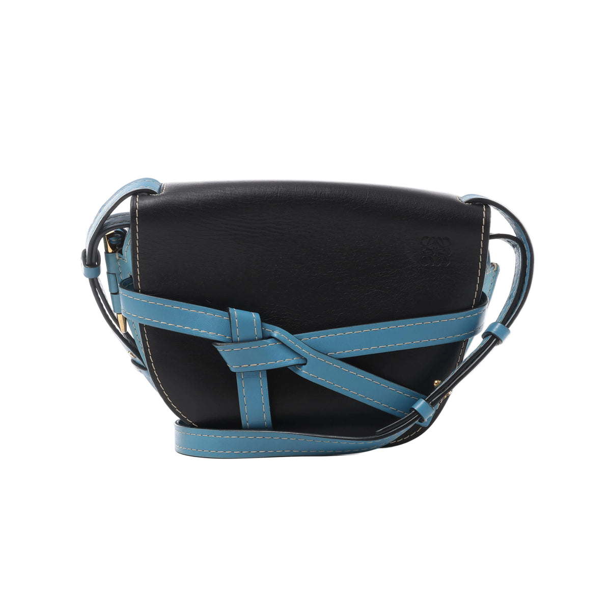Black LOEWE Gate leather crossbody bag with blue leather straps, contrast stitching, knotted front detail and embossed Anagram logo.