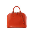 Orange Louis Vuitton Alma PM Epi leather handbag with textured finish, rounded top handles, zip closure, silver-tone hardware and hanging leather tag.