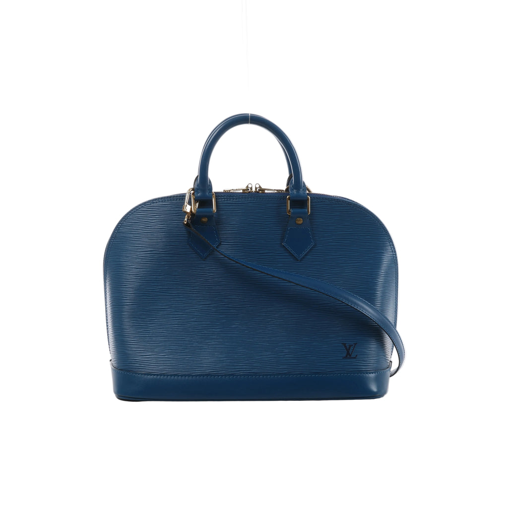Blue Louis Vuitton Alma PM Epi leather handbag with textured finish, rounded top handles, shoulder strap, zip closure and gold-tone hardware.