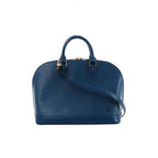 Blue Louis Vuitton Alma PM Epi leather handbag with textured finish, rounded top handles, shoulder strap, zip closure and gold-tone hardware.