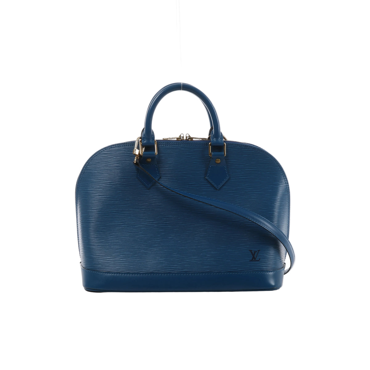 Blue Louis Vuitton Alma PM Epi leather handbag with textured finish, rounded top handles, shoulder strap, zip closure and gold-tone hardware.