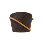 Louis Vuitton Drouot brown Monogram canvas crossbody bag with natural leather shoulder strap, curved top and gold-tone hardware.