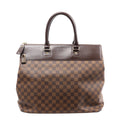 Brown Louis Vuitton Greenwich handbag in Damier Ebene checkered canvas with dark leather trim, double top handles, top zipper and gold-tone padlock.