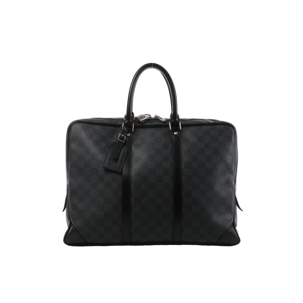 Louis Vuitton Porte-Documents Voyage Damier Graphite bag with leather top handles, luggage tag, zip closure and silver-tone hardware.
