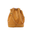 Yellow Louis Vuitton Noé Epi leather bucket bag with textured leather, drawstring closure, adjustable shoulder strap and LV embossing.