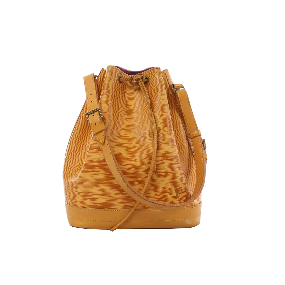 Yellow Louis Vuitton Noé Epi leather bucket bag with textured leather, drawstring closure, adjustable shoulder strap and LV embossing.