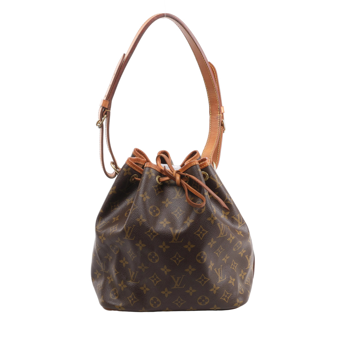 Brown Louis Vuitton Petit Noé Monogram canvas bucket bag with tan leather trim, drawstring closure, gold-tone eyelets and shoulder strap.