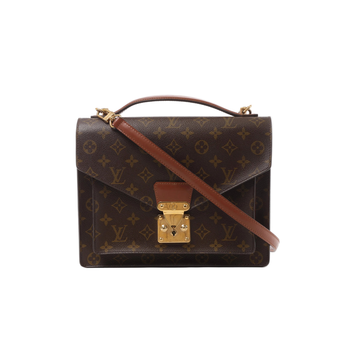 Brown Louis Vuitton Monceau Monogram canvas handbag with top handle, shoulder strap, envelope-style flap and gold-tone clasp hardware.