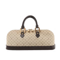 Front view of a beige Louis Vuitton Alma Long Mini Lin handbag with monogram fabric, dark brown leather handles and base trim, and gold-tone hardware.