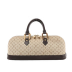 Front view of a beige Louis Vuitton Alma Long Mini Lin handbag with monogram fabric, dark brown leather handles and base trim, and gold-tone hardware.