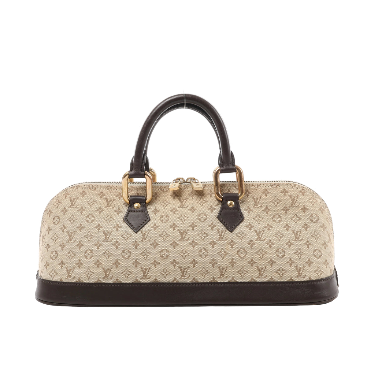 Front view of a beige Louis Vuitton Alma Long Mini Lin handbag with monogram fabric, dark brown leather handles and base trim, and gold-tone hardware.