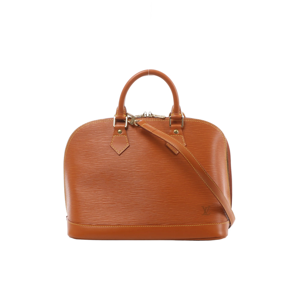 Brown Louis Vuitton Alma PM Epi leather handbag with rolled top handles, detachable shoulder strap, zip closure and gold-tone hardware.