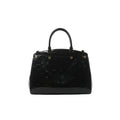 Black Louis Vuitton Brea MM handbag in glossy embossed Monogram Vernis leather with structured top handles and gold-tone hardware.