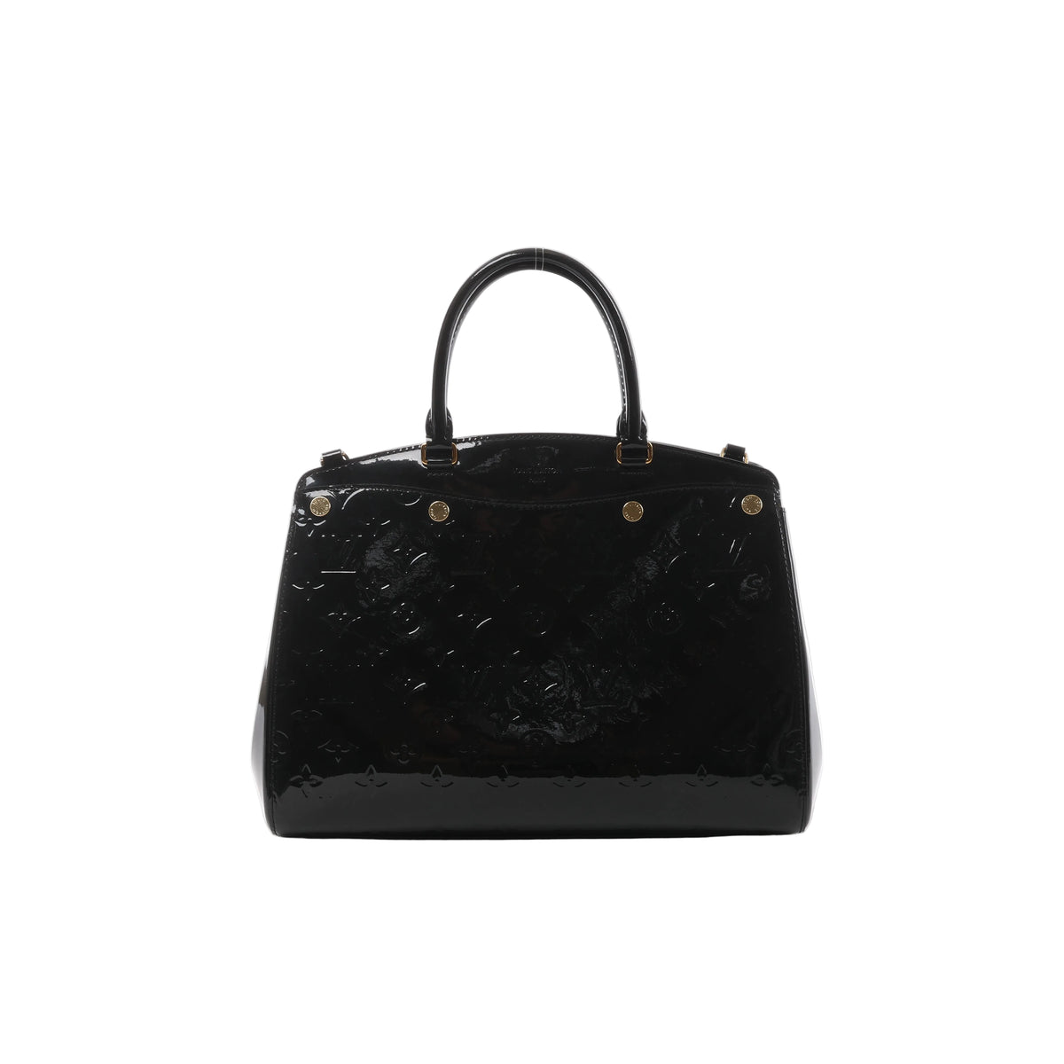 Black Louis Vuitton Brea MM handbag in glossy embossed Monogram Vernis leather with structured top handles and gold-tone hardware.