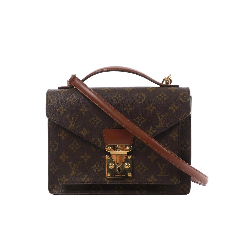 Brown Louis Vuitton Monceau Monogram canvas handbag with leather top handle, shoulder strap, envelope flap and gold-tone push-lock hardware.
