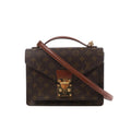 Brown Louis Vuitton Monceau Monogram canvas handbag with leather top handle, shoulder strap, envelope flap and gold-tone push-lock hardware.