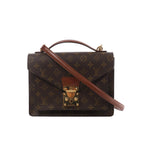 Brown Louis Vuitton Monceau Monogram canvas handbag with leather top handle, shoulder strap, envelope flap and gold-tone push-lock hardware.