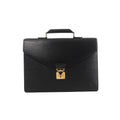 Black Louis Vuitton Epi leather briefcase with structured envelope flap, single top handle, subtle LV logo and gold-tone clasp.