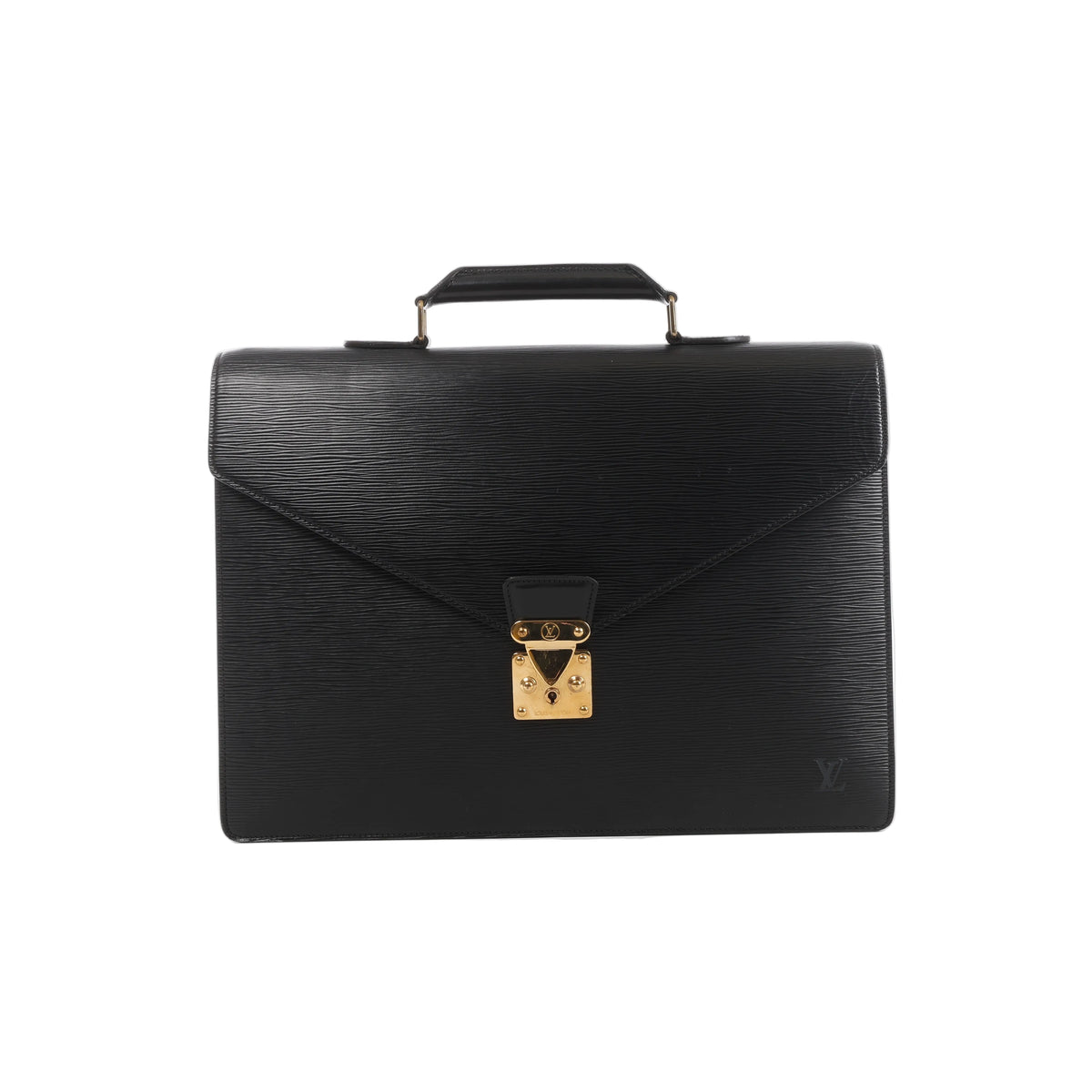Black Louis Vuitton Epi leather briefcase with structured envelope flap, single top handle, subtle LV logo and gold-tone clasp.