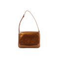 Brown Louis Vuitton Thompson Street shoulder bag in glossy embossed Monogram Vernis leather with rectangular flap and slim shoulder strap.