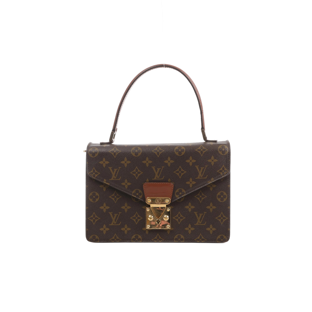 Brown Louis Vuitton Concorde Monogram canvas handbag with slim top handle, envelope-style flap, leather trim and gold-tone clasp.