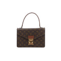 Brown Louis Vuitton Concorde Monogram canvas handbag with slim top handle, envelope-style flap, leather trim and gold-tone clasp.