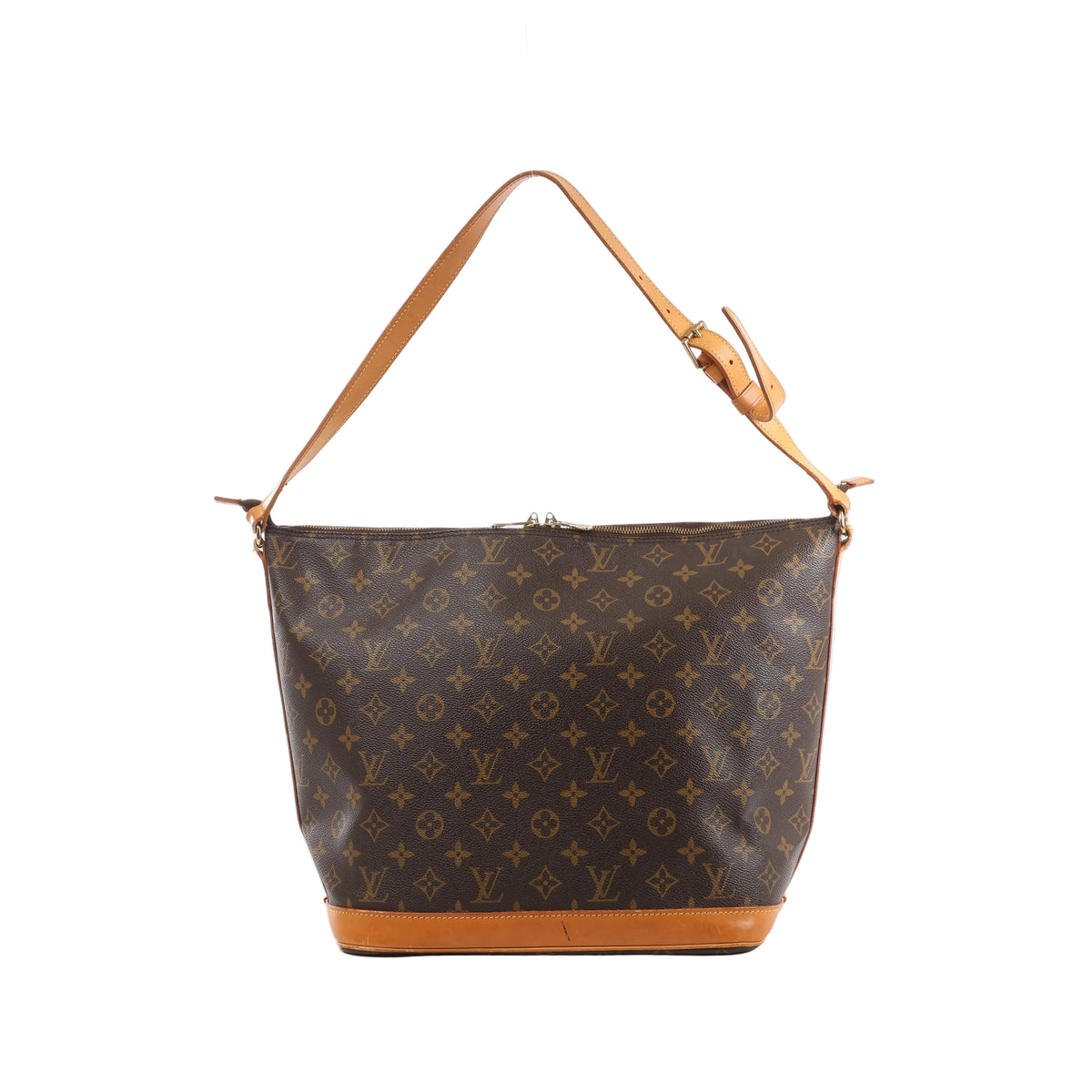 Brown Louis Vuitton Amfar 3 Monogram canvas shoulder bag with tan leather trim, adjustable shoulder strap and zip-top closure.