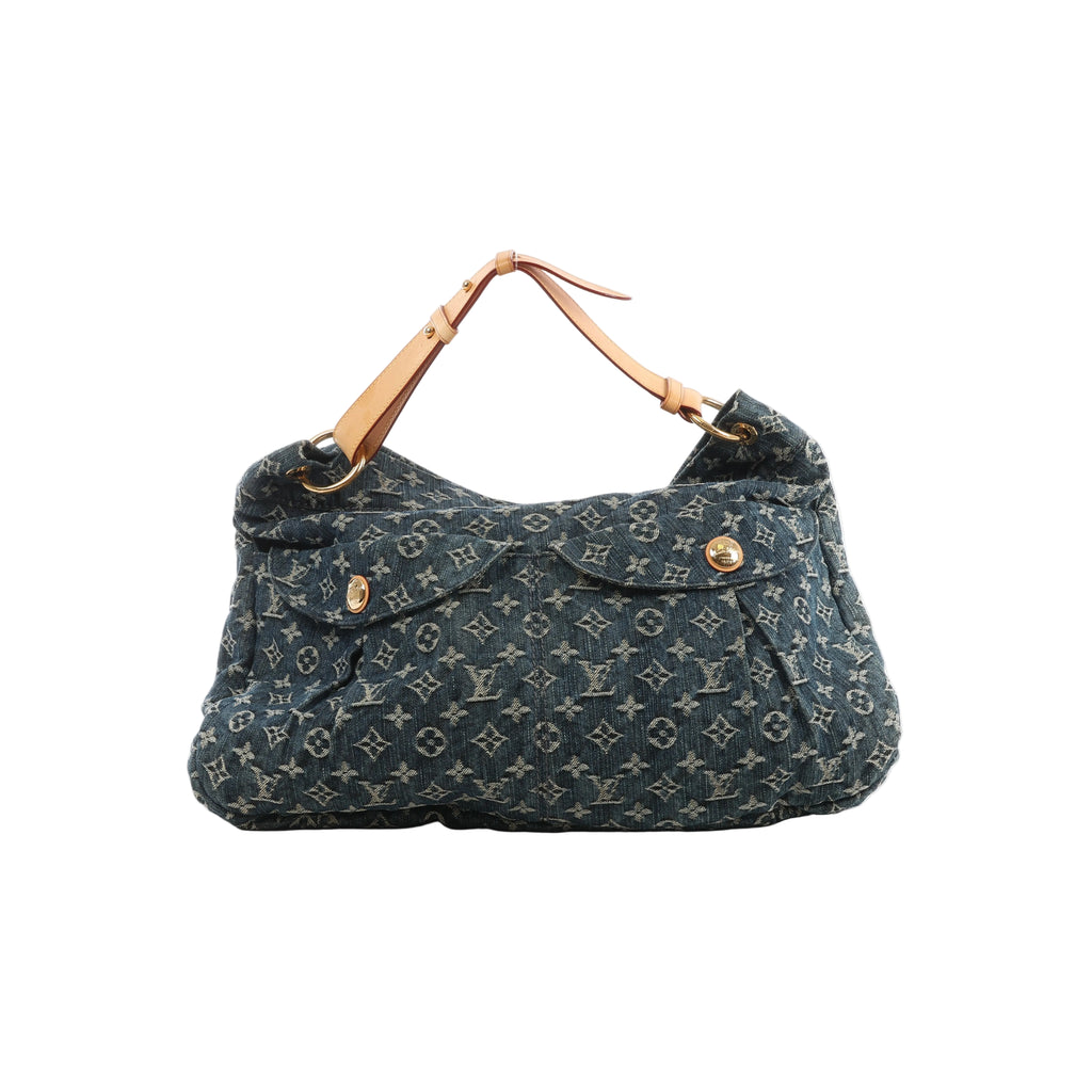Blue Louis Vuitton Daily GM Monogram denim shoulder bag with tan leather strap, pleated front, flap pockets and gold-tone hardware.