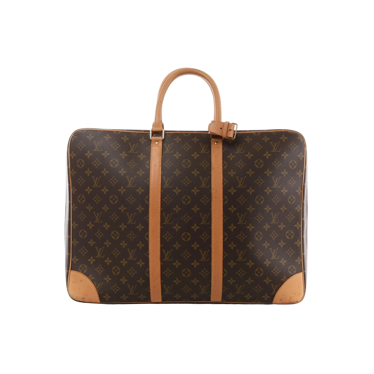 Brown Louis Vuitton Sirius 55 Monogram canvas travel bag with natural leather handles, vertical trim and reinforced leather corners.