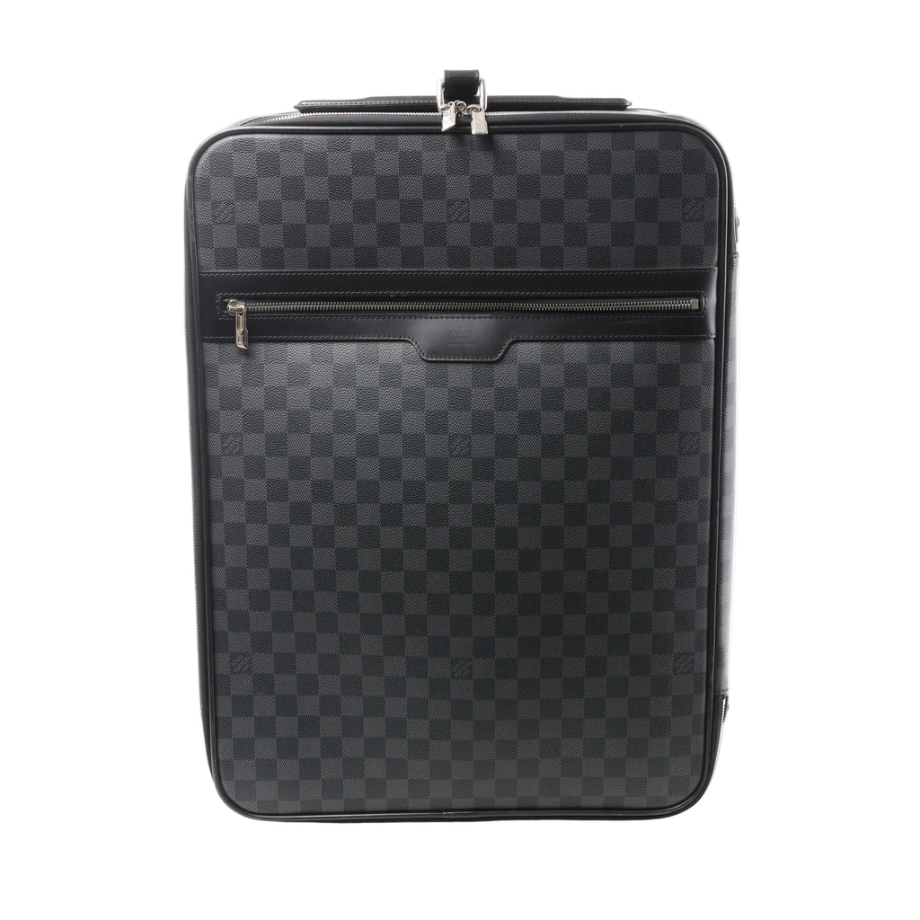Black Louis Vuitton Pegase 55 travel bag in Damier Graphite checkered canvas with leather trim, silver-tone zippers and a front zip pocket.